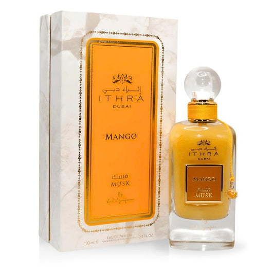 Mango Musk EDP 100ML perfume bottle alongside its matching premium box from the Ithra Dubai Collection, exuding a tropical and sophisticated appeal.