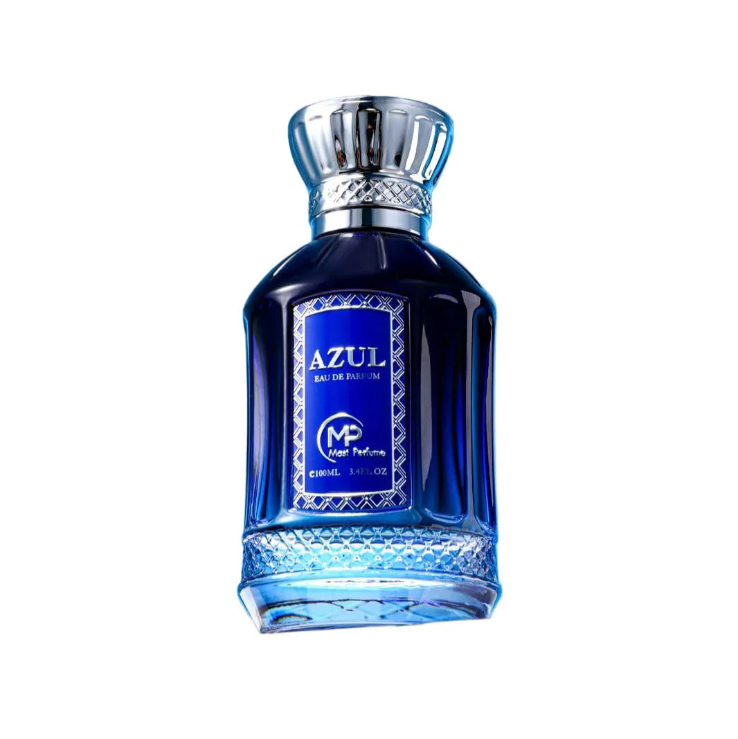 Front view of Mast Azul Eau de Parfum by Bharara – deep blue glass bottle with silver cap, unisex aquatic fragrance featuring citrus, oceanic, and musk notes.
