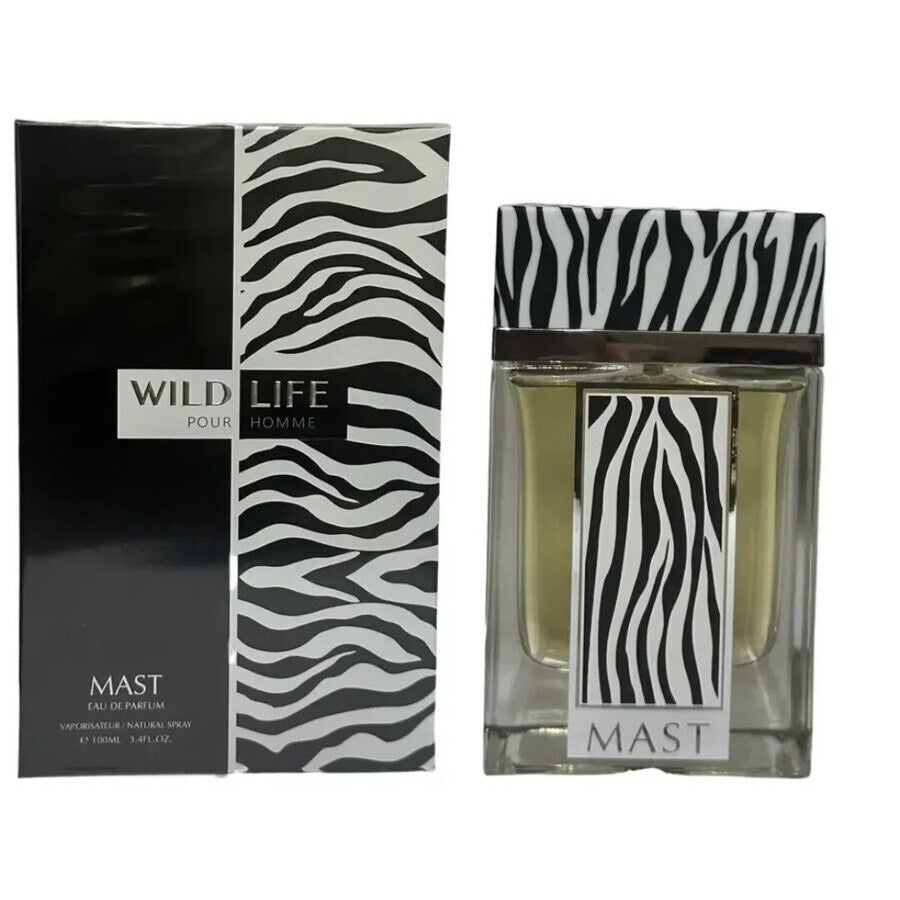 Mast Wild Life Pour Homme Eau de Parfum 3.4 oz bottle and packaging with zebra print design – men’s woody aromatic fragrance