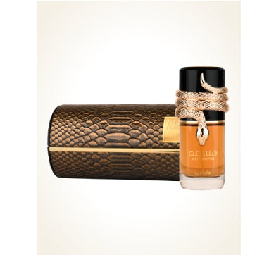 The Musamam Eau De Parfum by Lattafa displayed with its luxurious snake-inspired bottle and textured, elegant brown packaging.