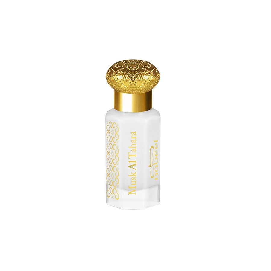 Close-up of Musk Al Tahara 12ML perfume bottle with a luxurious golden cap and elegant white design.
