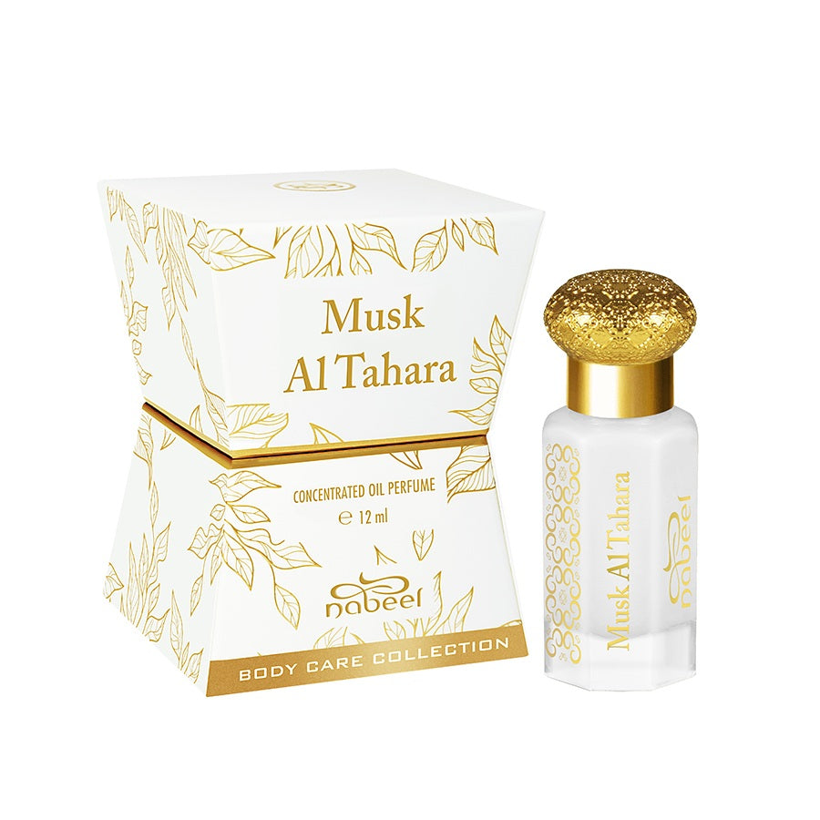 Musk Al Tahara 12ML white musk perfume displayed with its stylish white and gold packaging from the Body Care Collection.