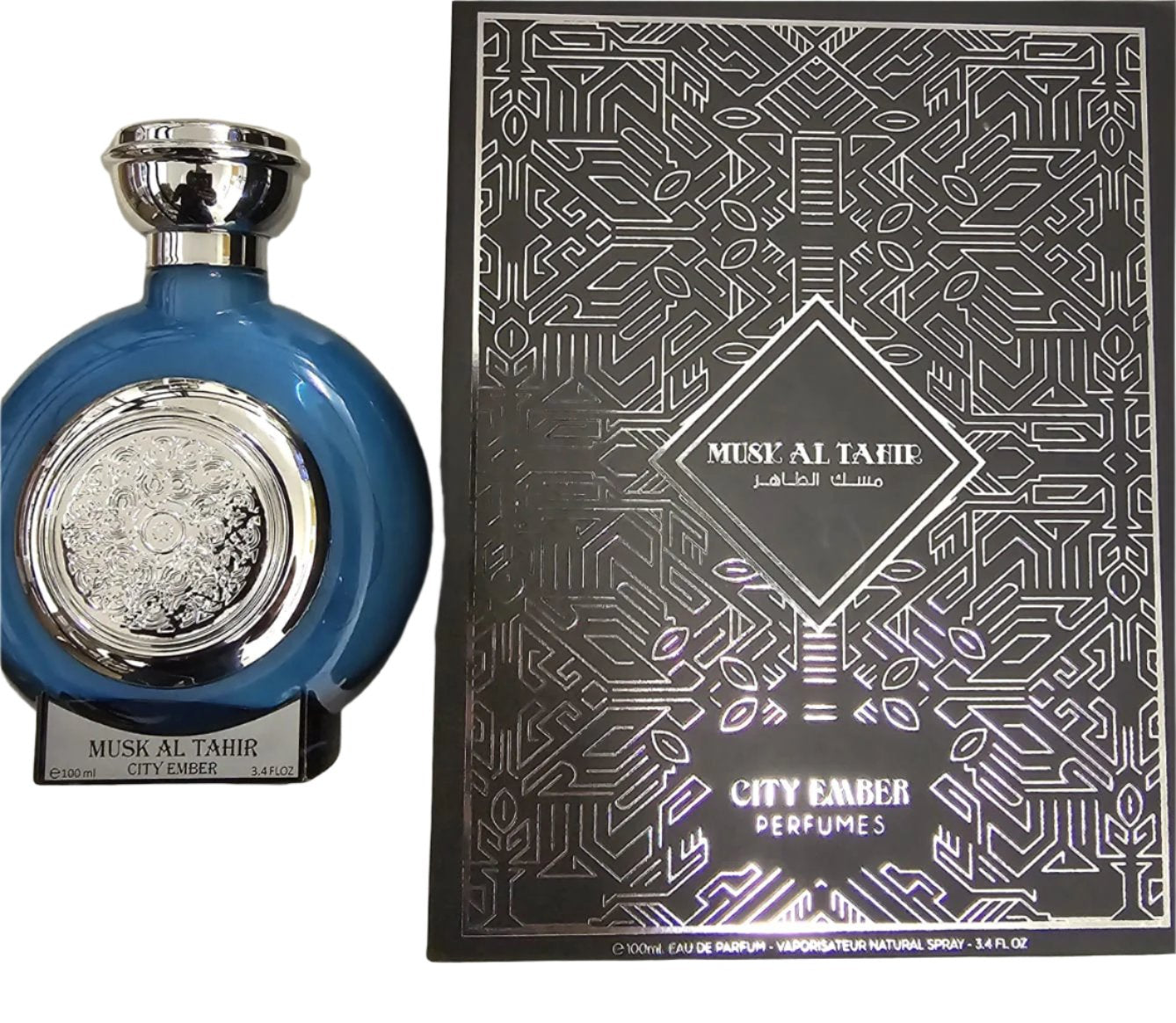 Musk Al Tahir perfume bottle paired with an elegant silver and black designed box by City Ember, showcasing the 100ml Eau De Parfum.