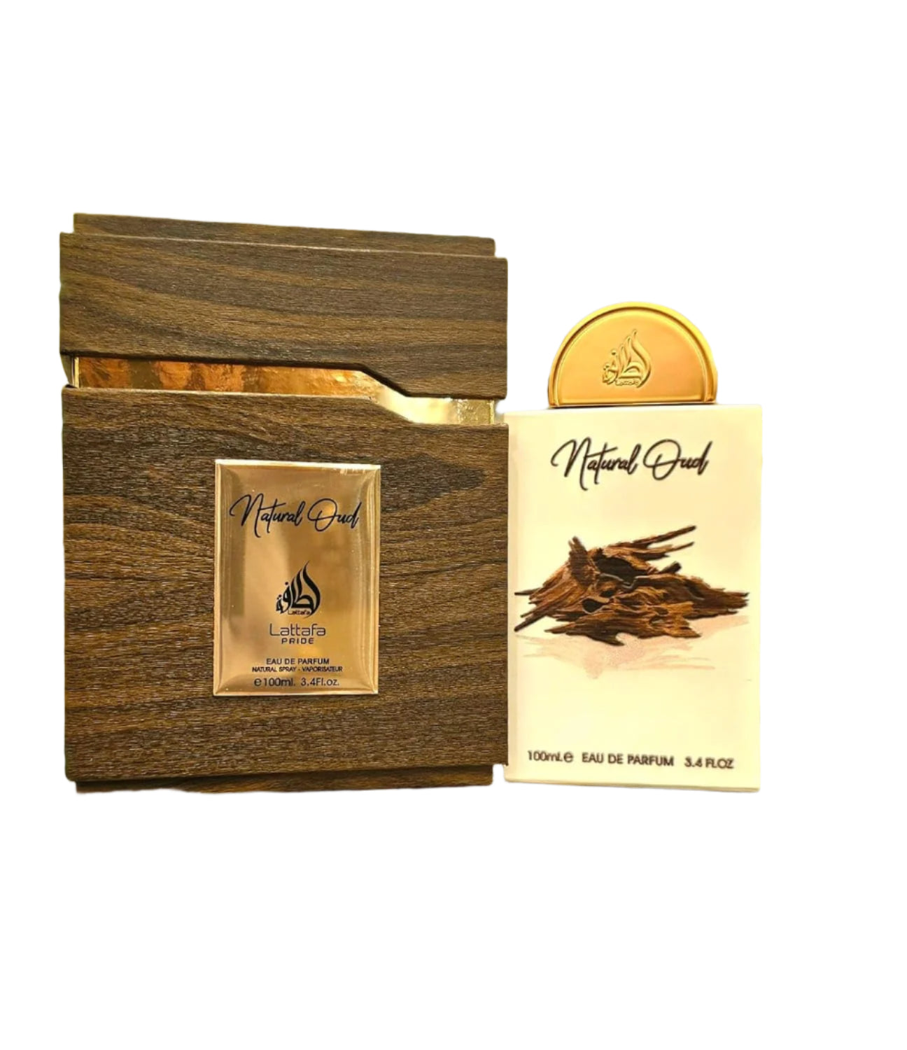 The Natural Oud Eau De Parfum by Lattafa Pride displayed alongside its luxurious wooden packaging, showcasing a sophisticated and elegant design for a unisex fragrance.