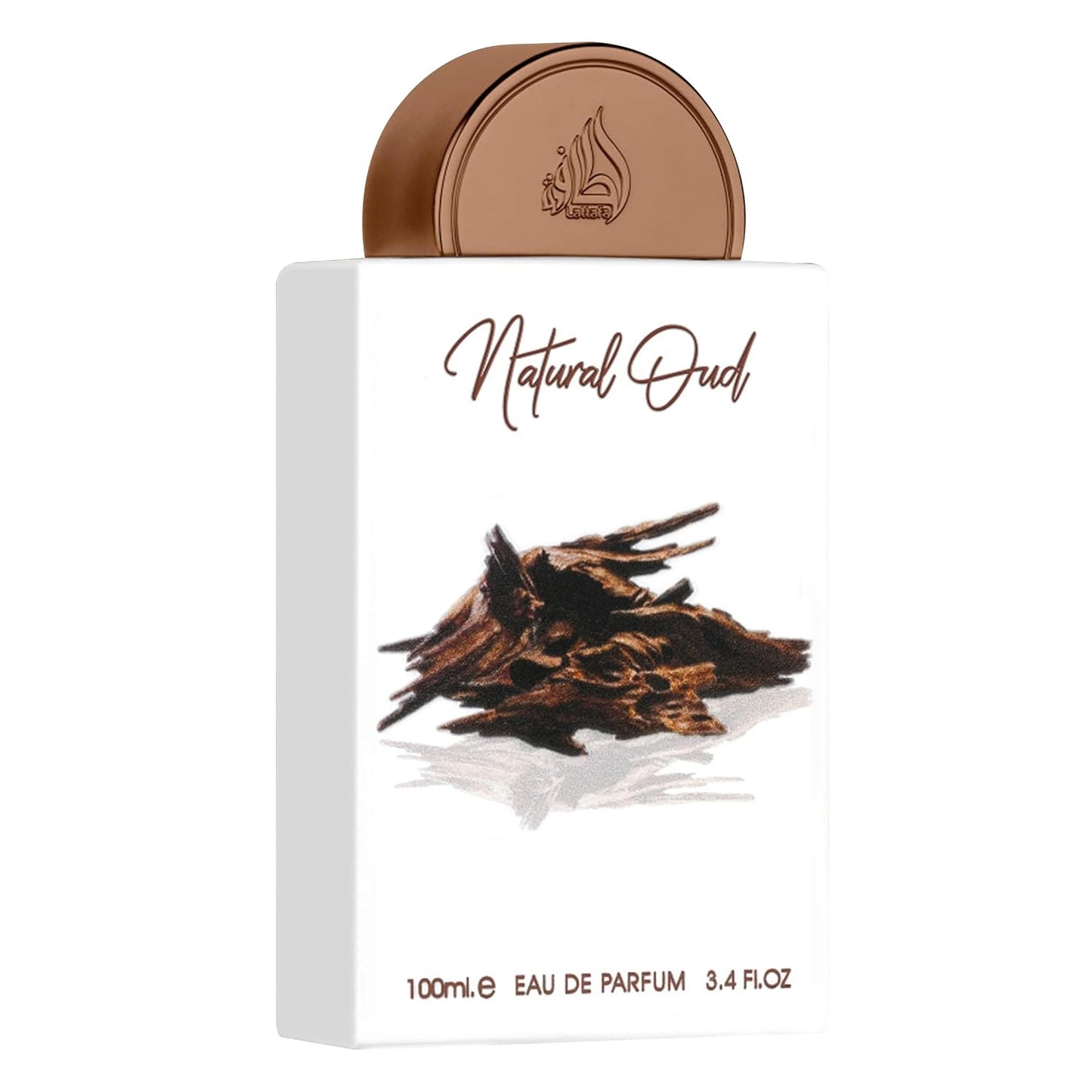 A close-up view of the Natural Oud Eau De Parfum bottle by Lattafa Pride, featuring a minimalistic white design with an artistic depiction of oud wood and a bronze cap.