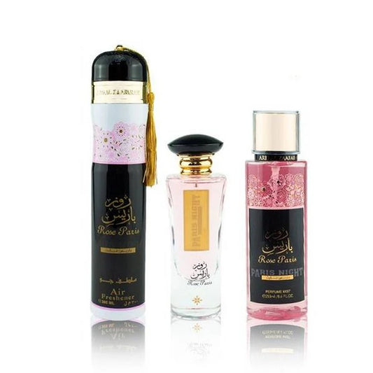 Rose Paris Night Collection 3 Piece Gift Set by Ard Al Zaafaran - Featuring Eau de Parfum, Perfume Mist, and Air Freshener in a Luxurious Design.