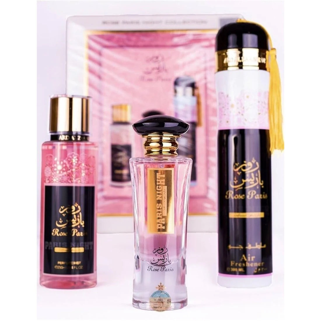 Ard Al Zaafaran Rose Paris Night Gift Set - Elegant Packaging with Perfume, Mist, and Air Freshener for Women."