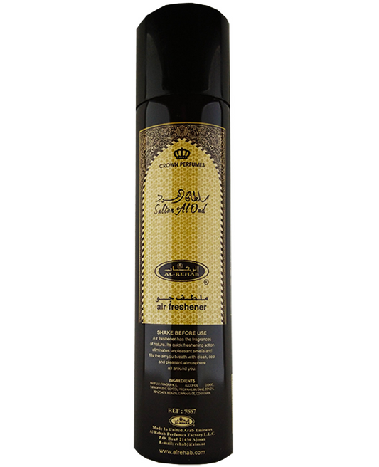 Front view of Sultan Al Oud by Al-Rehab air freshener, showcasing the elegant gold and black bottle design with detailed branding, 300ml size.