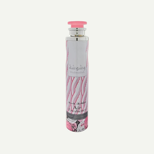 Front view of Washwashah Air Freshener by Lattafa, featuring a stylish pink and silver bottle design with elegant patterns, 300ml size.