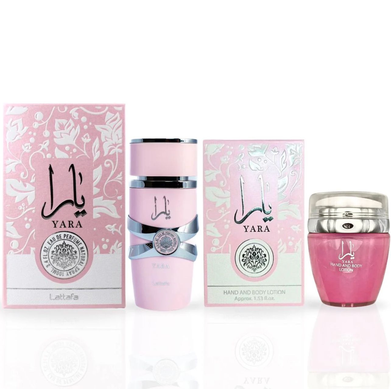 Yara EDP 100ml bottle with its matching pink packaging, paired with Yara Hand & Body Lotion 45ml and box by Ard Al Zaafaran.