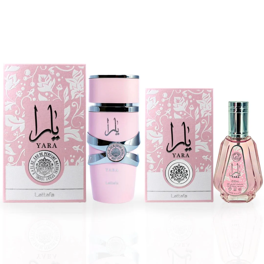 ara perfume bundle featuring 100ml Lattafa EDP and 50ml Ard Al Zaafaran EDP, displayed with matching pink floral boxes.