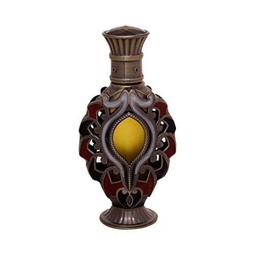 Aashiqa Concentrated Perfume Oil by Khadlaj in a stunning bronze and red filigree-designed bottle with a vibrant yellow core.
