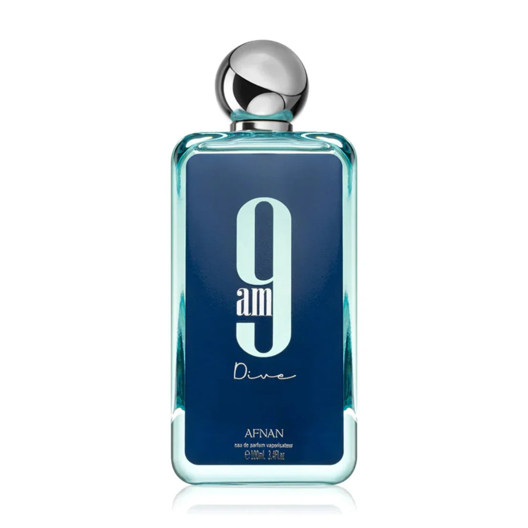 Afnan 9AM Dive Eau de Parfum - A bold and modern fragrance in a sophisticated blue and silver bottle.