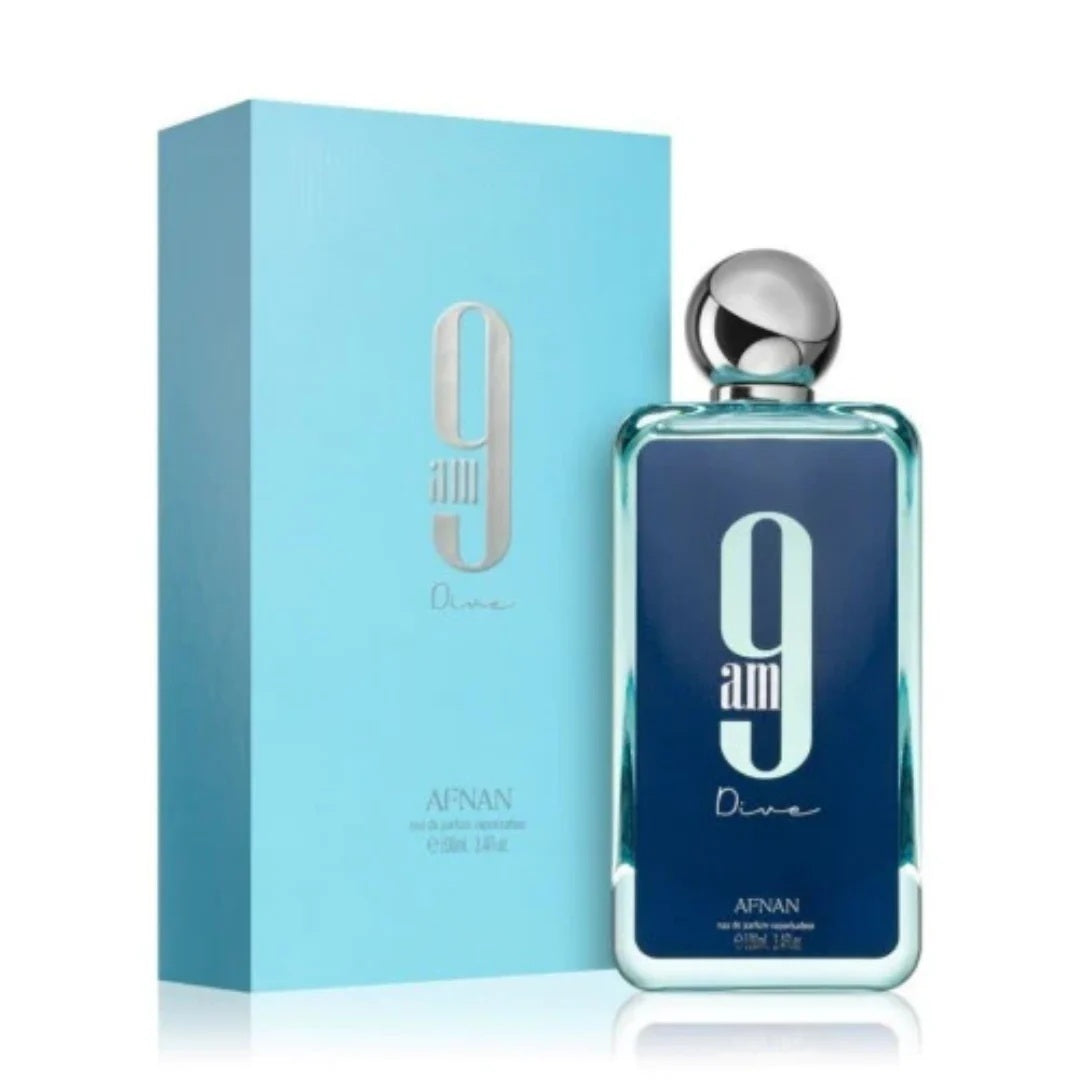 Afnan 9AM Dive EDP 100ML with sleek blue packaging and elegant silver cap.