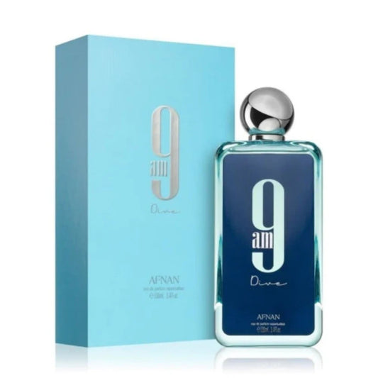 Afnan 9AM Dive EDP 100ML with sleek blue packaging and elegant silver cap.