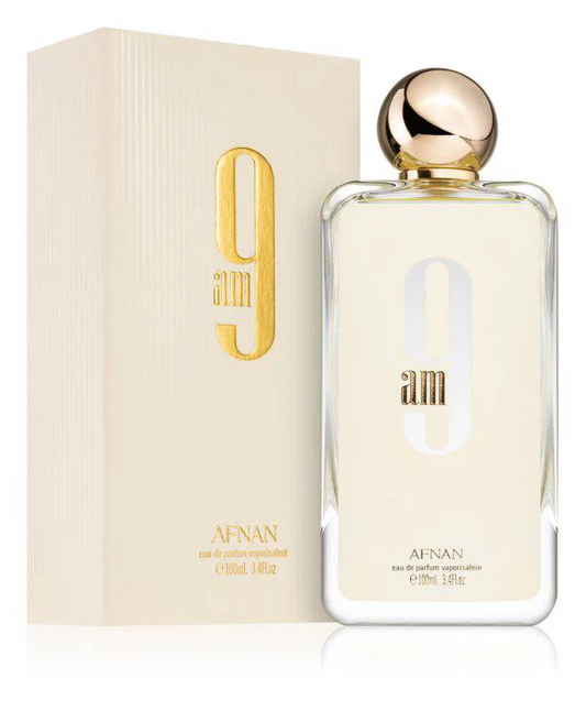 Afnan 9am EDP perfume bottle and packaging - A sleek and modern fragrance design in white and gold.