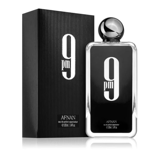 Afnan 9pm Perfume with packaging - Elegant black bottle and box showcasing its luxurious design.