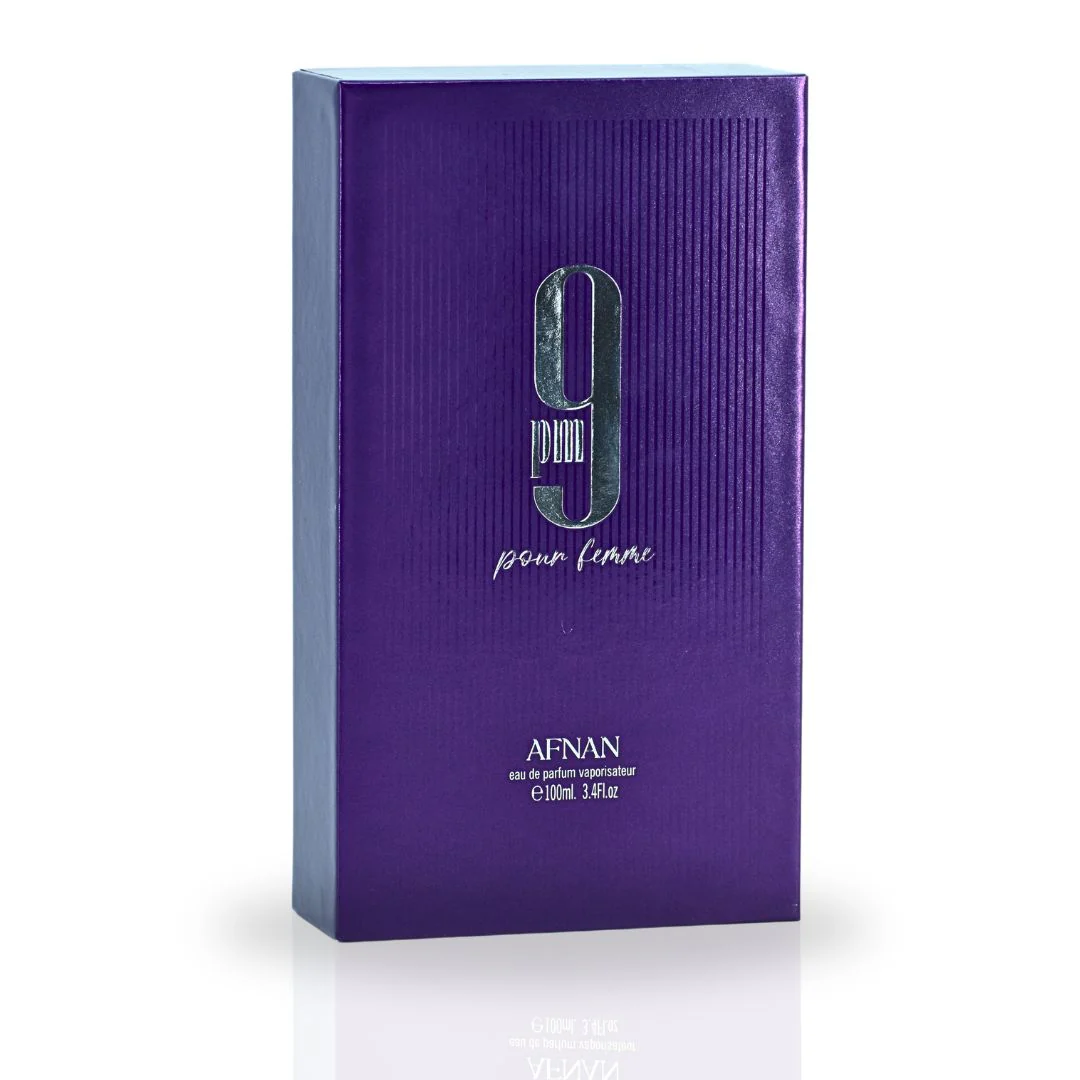 Afnan 9PM Pour Femme Eau de Parfum 100ML bottle alongside its luxurious purple packaging, highlighting the premium presentation.