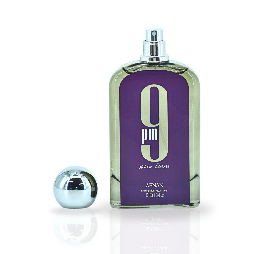 Afnan 9PM Pour Femme Eau de Parfum 100ML bottle with purple label and elegant silver cap, showcasing its sophisticated design.