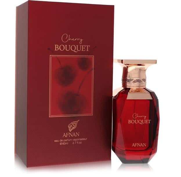 Afnan Cherry Bouquet Eau De Parfum for Women – 2.7 Fl. Oz, elegantly packaged in a deep red bottle with a matching box featuring cherry accents.