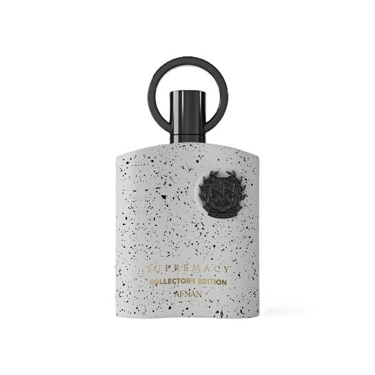 Close-up of Afnan Supremacy Collector's Edition fragrance bottle – modern speckled design, 2024 men’s chypre fruity cologne