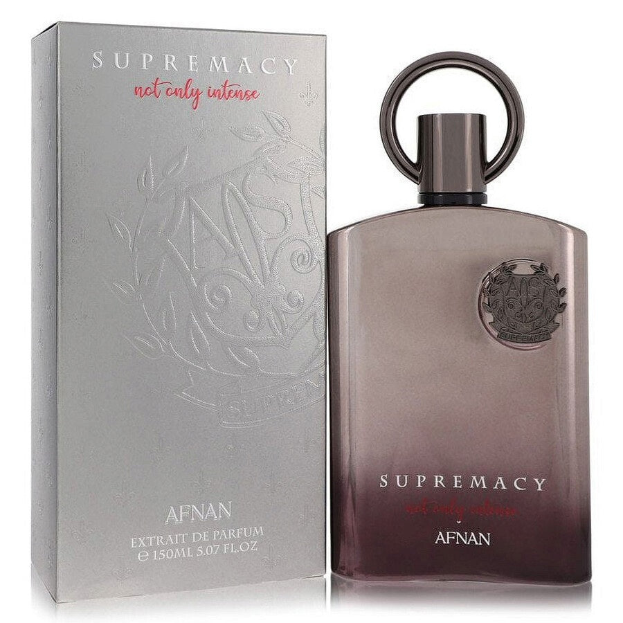 Afnan Supremacy Not Only Intense ExDP 5.0 oz – A bold and sophisticated men’s fragrance in a sleek metallic bottle, set against a silver background.