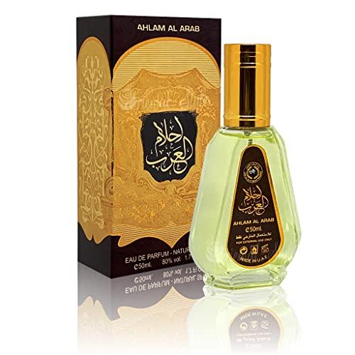 Ahlam Al Arab Eau De Parfum 50ML by Ard Al Zaafaran, featuring a sleek golden bottle with intricate detailing alongside its elegant black and gold packaging.