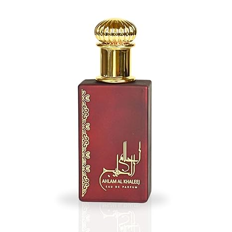 Ahlam Al Khaleej Eau De Parfum by Ard Al Zaafaran, featuring a luxurious deep red bottle with intricate gold detailing and an elegant gold cap.