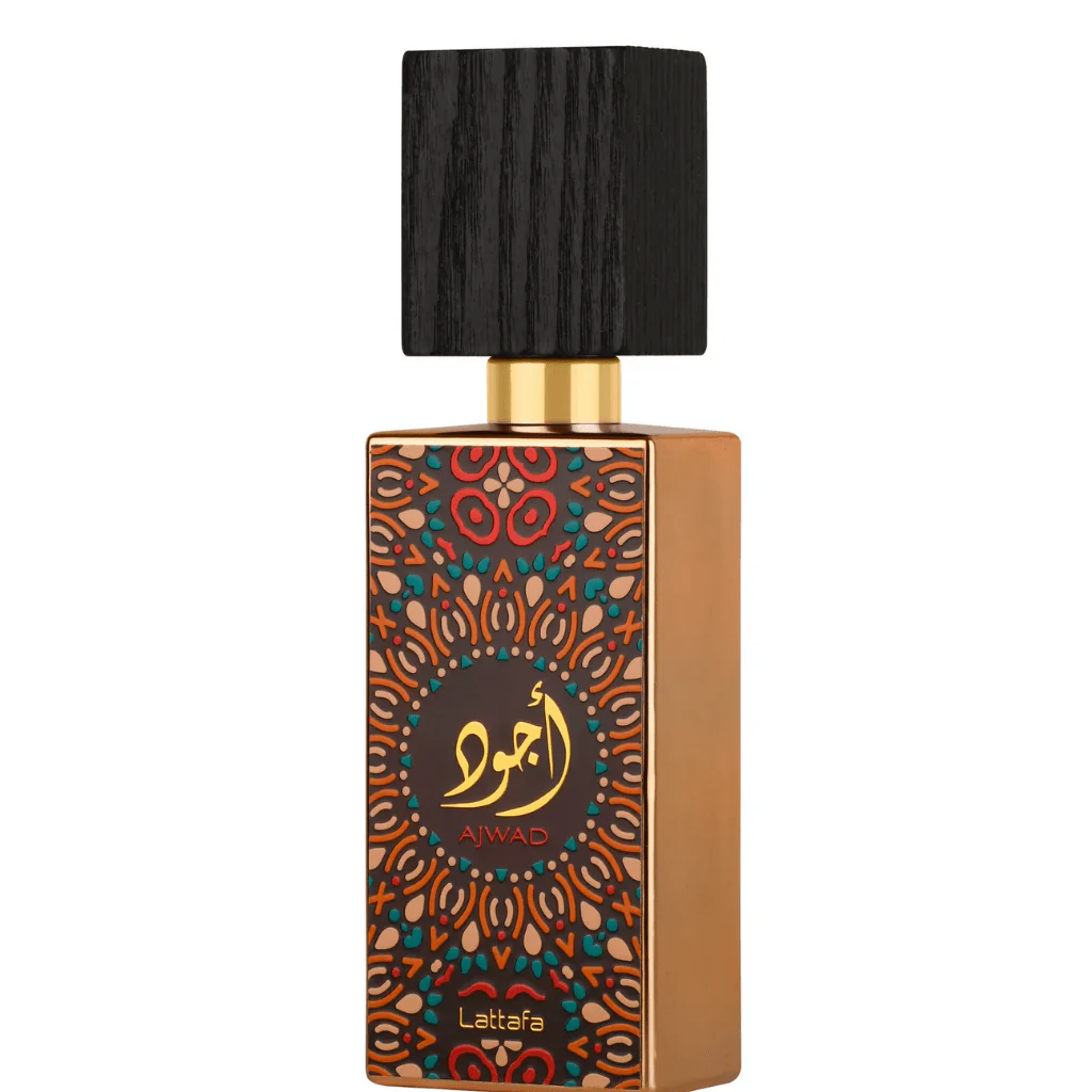 Ajwad Eau De Parfum by Lattafa, featuring a stylish gold bottle with intricate red and turquoise patterns and a bold black cap.