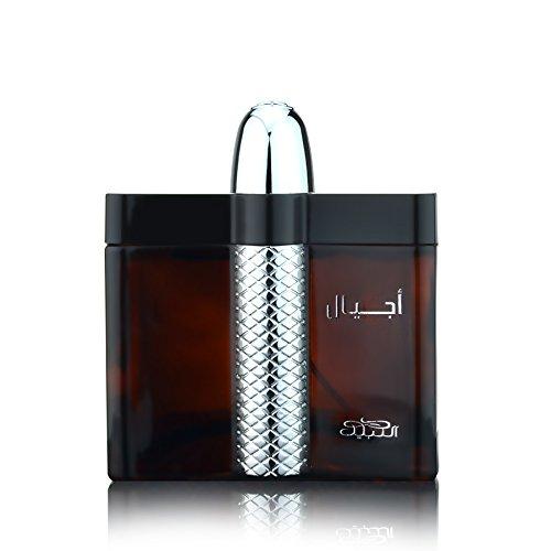 Ajyal fragrance bottle by Nabeel, designed with a rich amber tone and an elegant silver detailing for a timeless look.