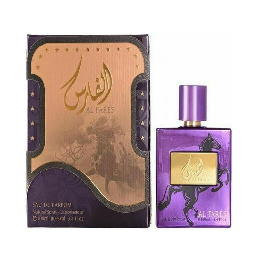 Al Fares Eau De Parfum 100ML by Ard Al Zaafaran, showcasing the luxurious purple bottle and elegant gold-accented packaging.