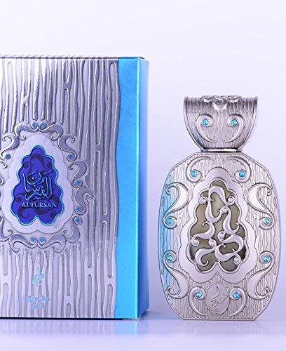 Al Fursan Concentrated Perfume Oil by Khadlaj, 18ml, featuring an intricately designed silver bottle with blue accents and matching elegant packaging.