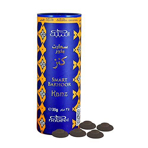 Image of Al Nabeel Smart Bakhoor Kanz in a striking blue and yellow cylindrical packaging, featuring 35g of premium bakhoor discs. Ideal for creating a luxurious and inviting aromatic ambiance.