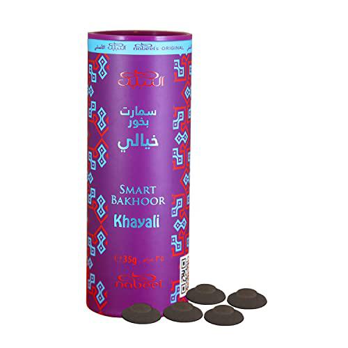 Image of Al Nabeel Smart Bakhoor Khayali in vibrant purple cylindrical packaging, featuring 35g of premium bakhoor discs. Perfect for creating a luxurious and aromatic ambiance.