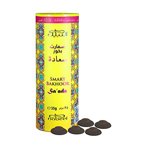 Image of Al Nabeel Smart Bakhoor Sa'ada in vibrant yellow cylindrical packaging, featuring 35g of premium bakhoor discs. Perfect for creating a luxurious and inviting aromatic ambiance.