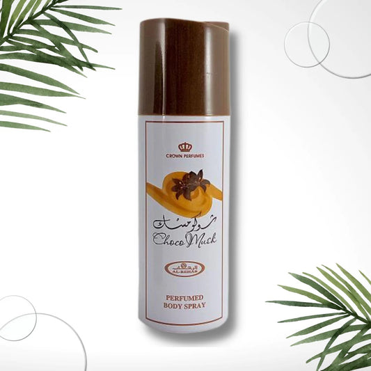 Choco Musk Perfumed Body Spray by Al Rehab – 200ml can with chocolate and musk notes, surrounded by tropical leaves and clean design elements.