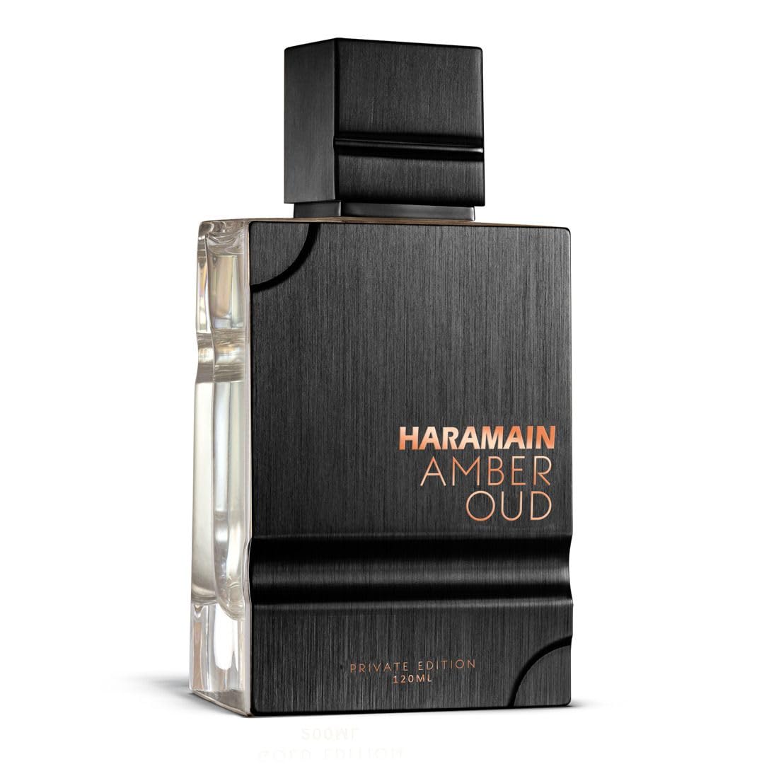 Close-up of Al Haramain Amber Oud Private Edition EDP 120ML bottle, showcasing its sleek black design with copper accents, representing a luxurious unisex fragrance.