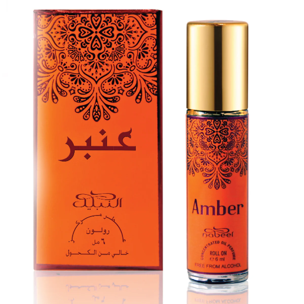 Amber Perfume Oil Roll-On 6ml by Nabeel with vibrant orange packaging featuring intricate Arabic-inspired patterns.