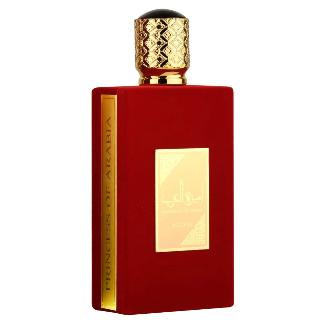 Ameerat Al Arab perfume bottle by Asdaaf – side view of elegant red bottle with gold cap and Princess of Arabia label