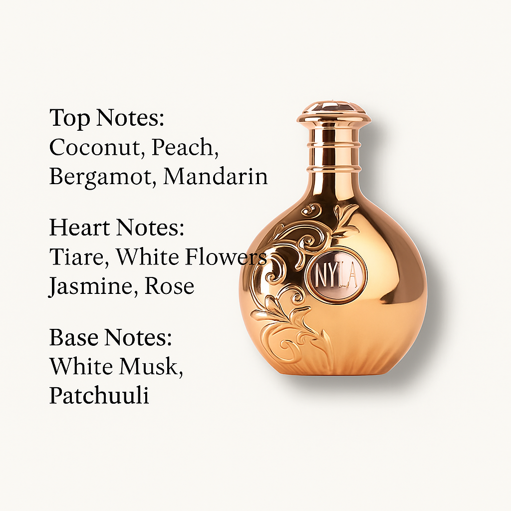 Top, heart, and base notes of Arabiyat Prestige Nyla Eau de Parfum – featuring coconut, jasmine, and patchouli