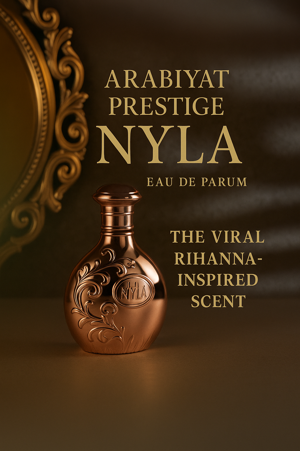 Arabiyat Prestige Nyla Eau de Parfum with golden bottle and viral Rihanna-inspired scent promotion
