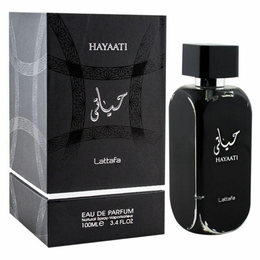 Hayaati Black by Lattafa - Sophisticated 100ml Eau de Parfum with elegant black packaging, perfect for everyday wear.