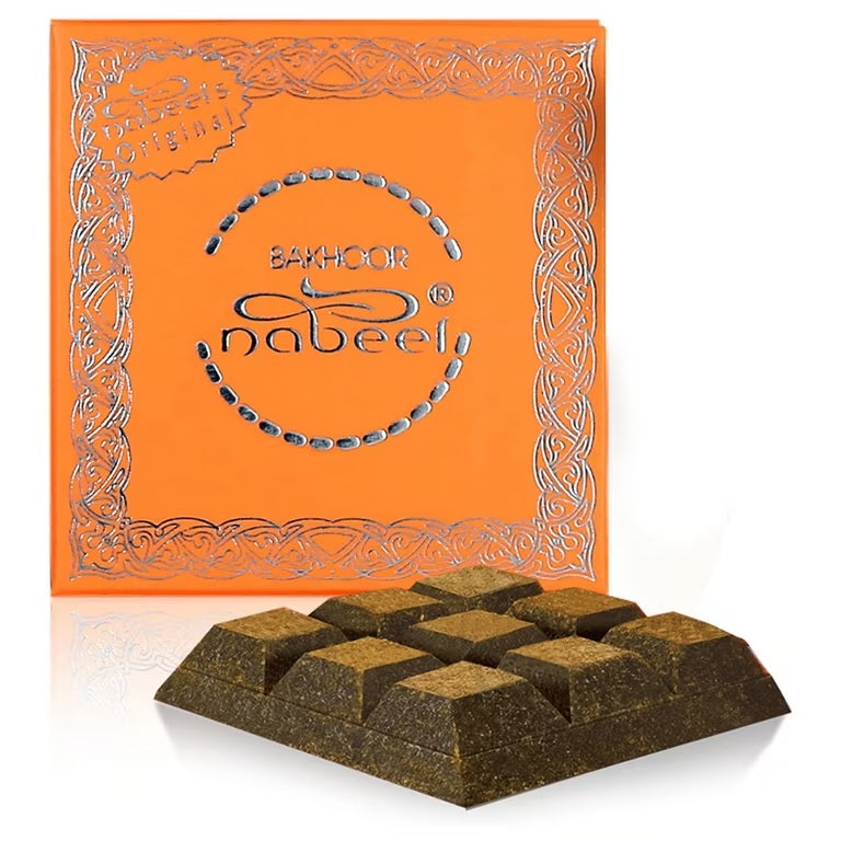 Bakhoor Nabeel 40 GMS, featuring an elegant orange box with silver accents and premium bakhoor pieces, ideal for creating a luxurious aromatic experience.