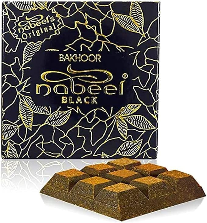 Bakhoor Nabeel Black 40 GRM featuring a stylish black and gold box design with fragrant bakhoor pieces, perfect for creating a luxurious home ambiance.