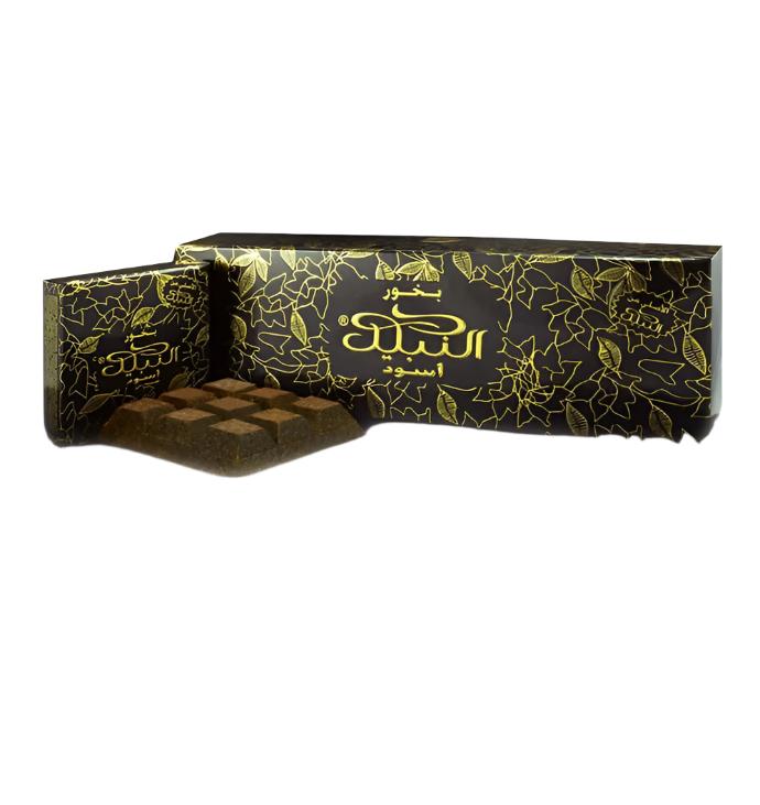 Bakhoor Nabeel Black 40 GRM full box set with elegant black and gold packaging, displaying premium bakhoor pieces for traditional incense burning.