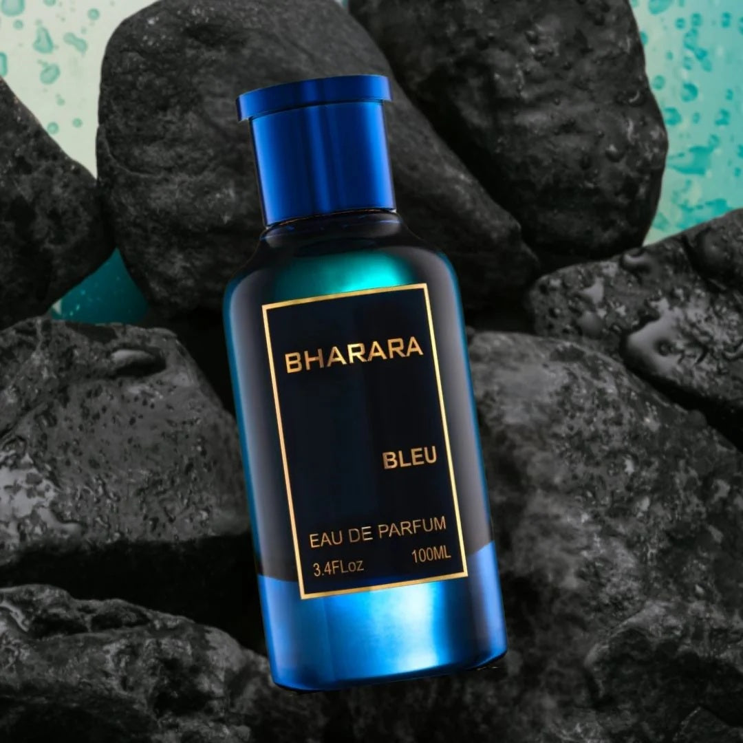 Bharara Bleu Eau De Parfum 100ML bottle on black rocks with water splash background – bold citrus fragrance for men.