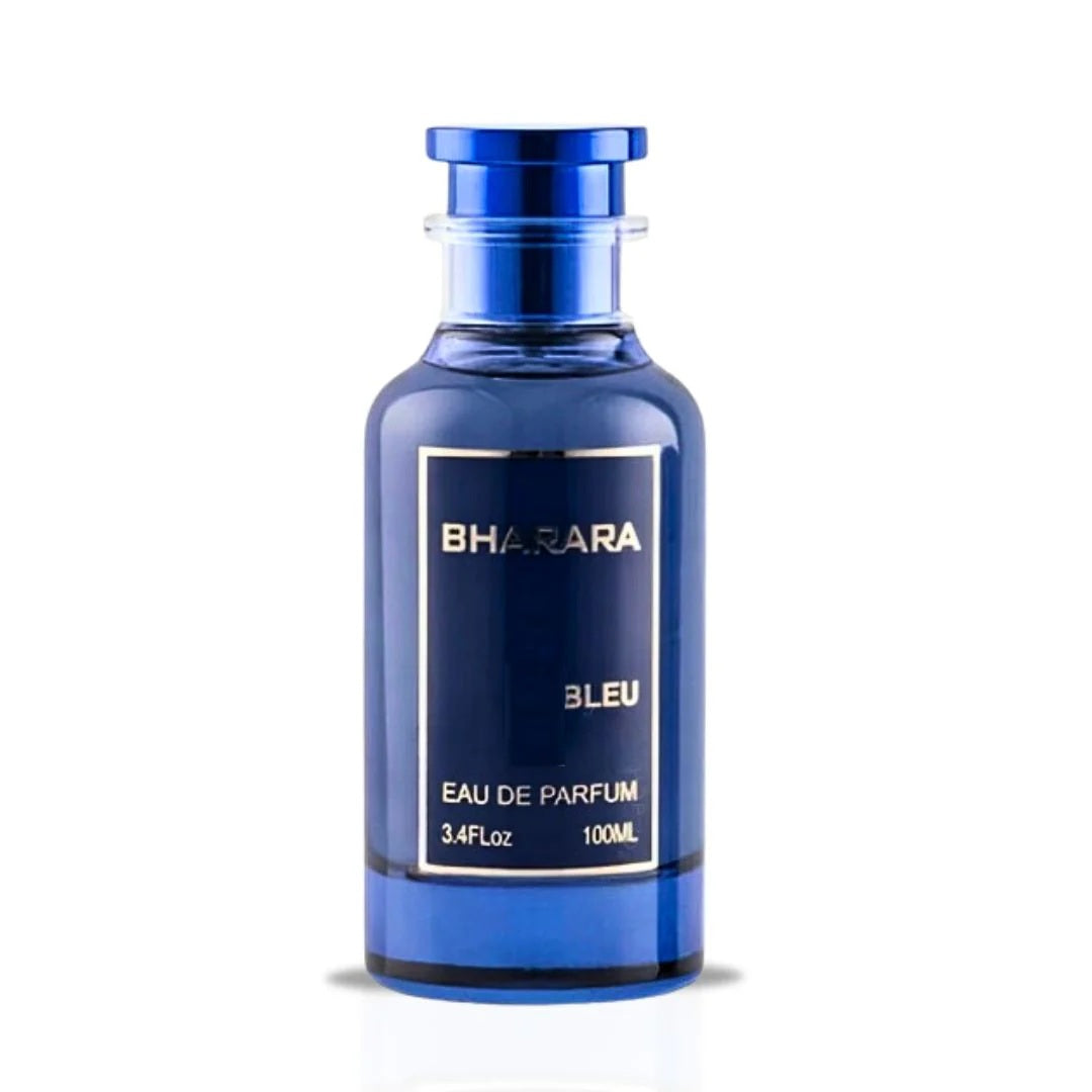 Bharara Bleu 3.4 oz Eau De Parfum bottle – fresh citrus and musk fragrance for men with elegant blue and gold design.