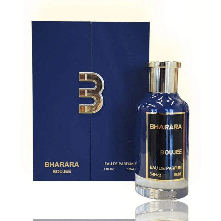 Bharara Boujee Eau De Parfum 100ML with gift box – luxurious men’s fragrance with elegant navy and gold packaging.