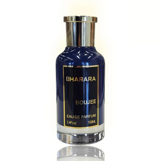 Bharara Boujee 3.4 oz Eau De Parfum bottle – sophisticated men's cologne with sleek navy blue and gold design.