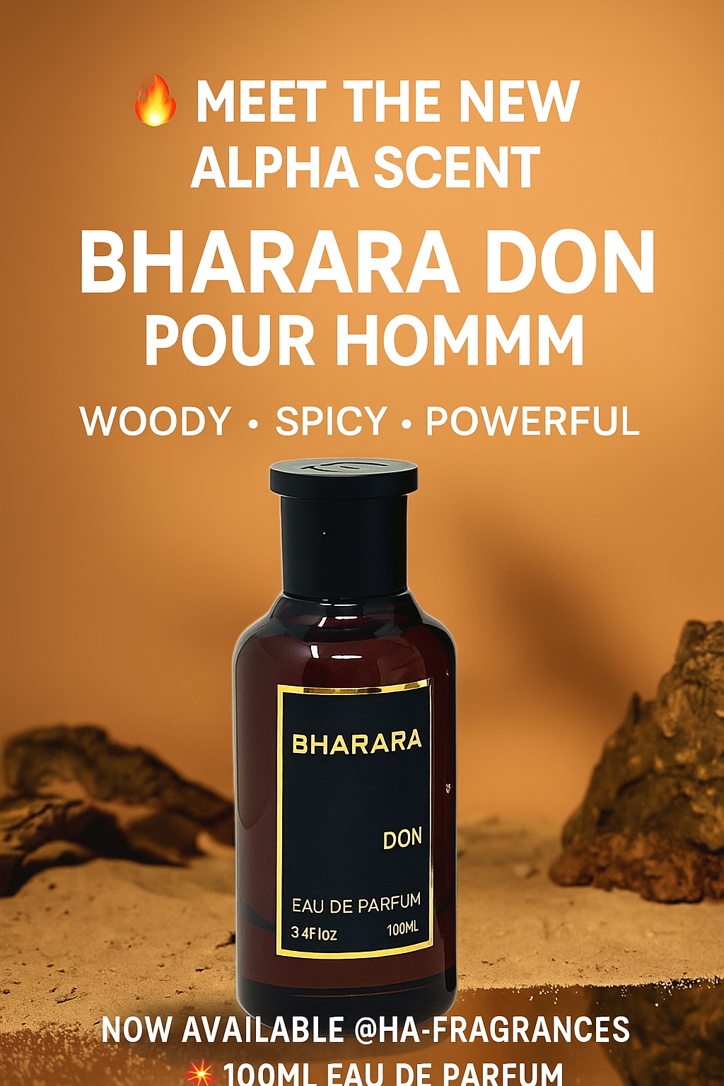 Promotional image of Bharara Don Pour Homme Eau de Parfum with desert-inspired background, bold text overlay reading “Meet the New Alpha Scent – Woody, Spicy, Powerful.